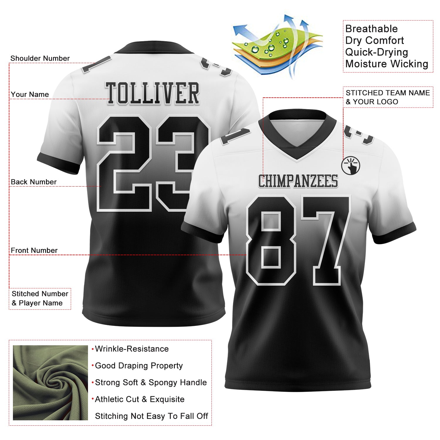 Custom White Black Authentic Fade Fashion Football Jersey - Fan Version